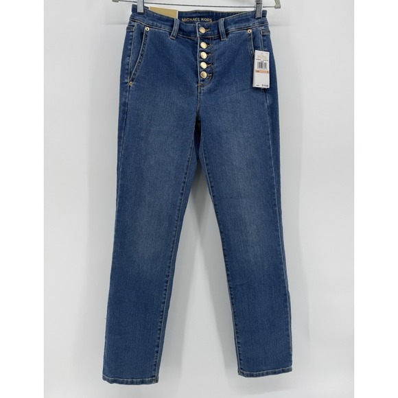 Michael Kors Selma Straight Blue Jeans Denim Gold Logo High Rise Slim Size 2 NWT - Picture 2 of 16